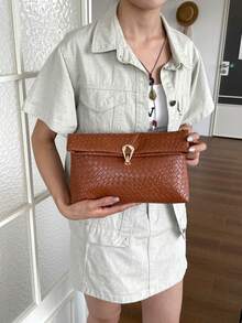 Solid Color PU Leather, Lightweight Large Capacity Flip Magnetic Buckle Small Square Bag, Multifunctional Party And Dinner Bag, Suitable For Women - 棕色 - 查看 7
