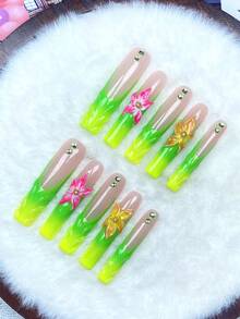 10pcs Extra Long Nude Lime Green Gradient Press On Nails,3D Sea Star,Pink Yellow Florals Tiny Green Beads Glossy Reusable Fake Nails,Suitable For Holiday Gifts,Summer Beach Vacation,Trips Parties,1 Jelly Gel & Mini Nail Rubbing Strip - Multicolor - View 3