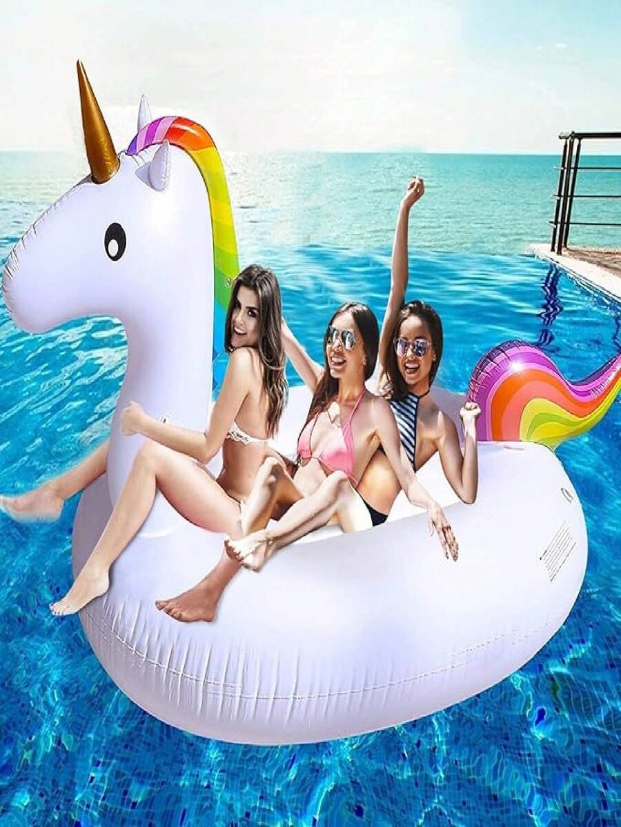 1pc Inflatable Rainbow Unicorn Floating Lounger, Adult Water Seat (Ear Shape Random), Pool Inflatable, Beach Essentials, Pool Float