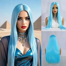 Women' Long Sky Blue Straight Synthetic Wig Suitable For Cosplay, Anime Hair With Rose Net Cap - Heat Resistant High Density Wig For Parties, Music Festivals, Middle Part Wig For Skin Tones & Hair Types - Blue - View 13