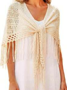 1PC Women's Autumn/Winter New Solid Color Triangle Tassel Knitted Scarf Shawl - 07-white - View 1