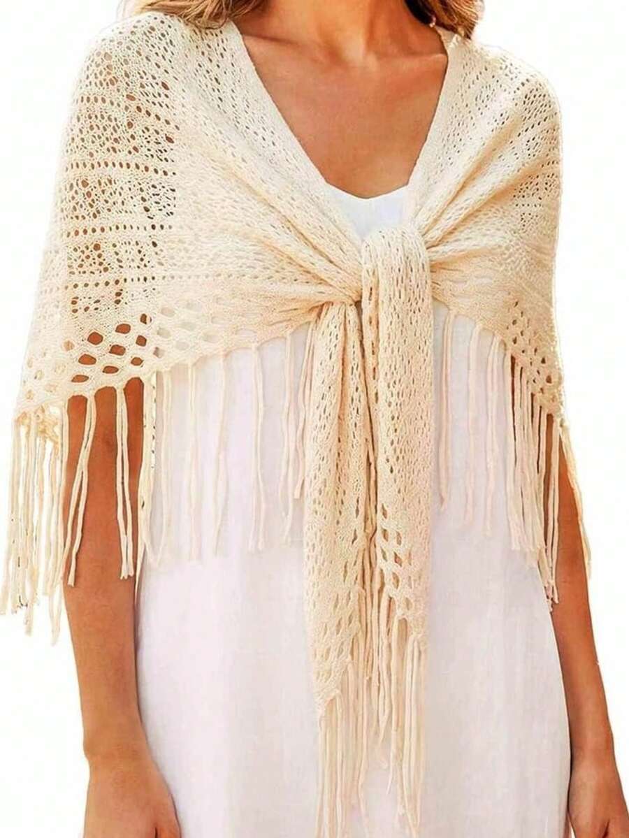 1PC Women's Autumn/Winter New Solid Color Triangle Tassel Knitted Scarf Shawl - 07-white - View 1