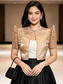 1件現代菲律賓風蝴蝶袖上衣，女款鈕扣短袖開襟襯衫，適合節慶、婚禮與辦公室穿著 - 香檳色 - 查看 1