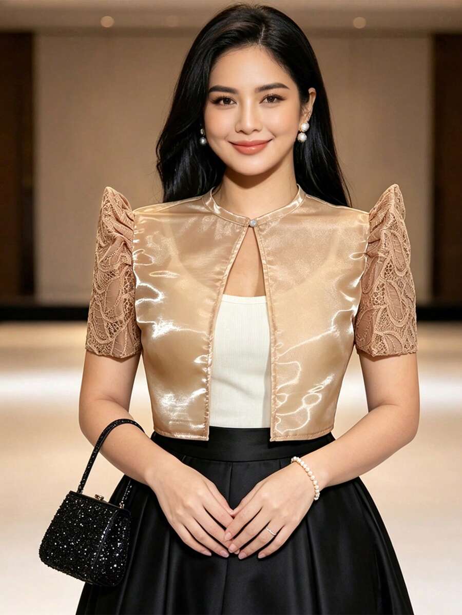 1件現代菲律賓風蝴蝶袖上衣,女款鈕扣短袖開襟襯衫,適合節慶、婚禮與辦公室穿著 - 香檳色 - 查看 1