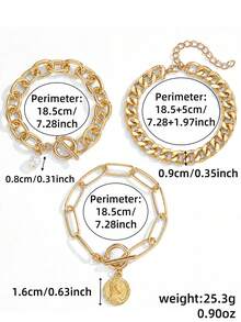 3Pcs Gold Chunky Chain Bracelet Set, Vintage OT Toggle Clasp Cuban Link Bracelet For Women Daily Party Jewelry Gift - Multicolor - View 3