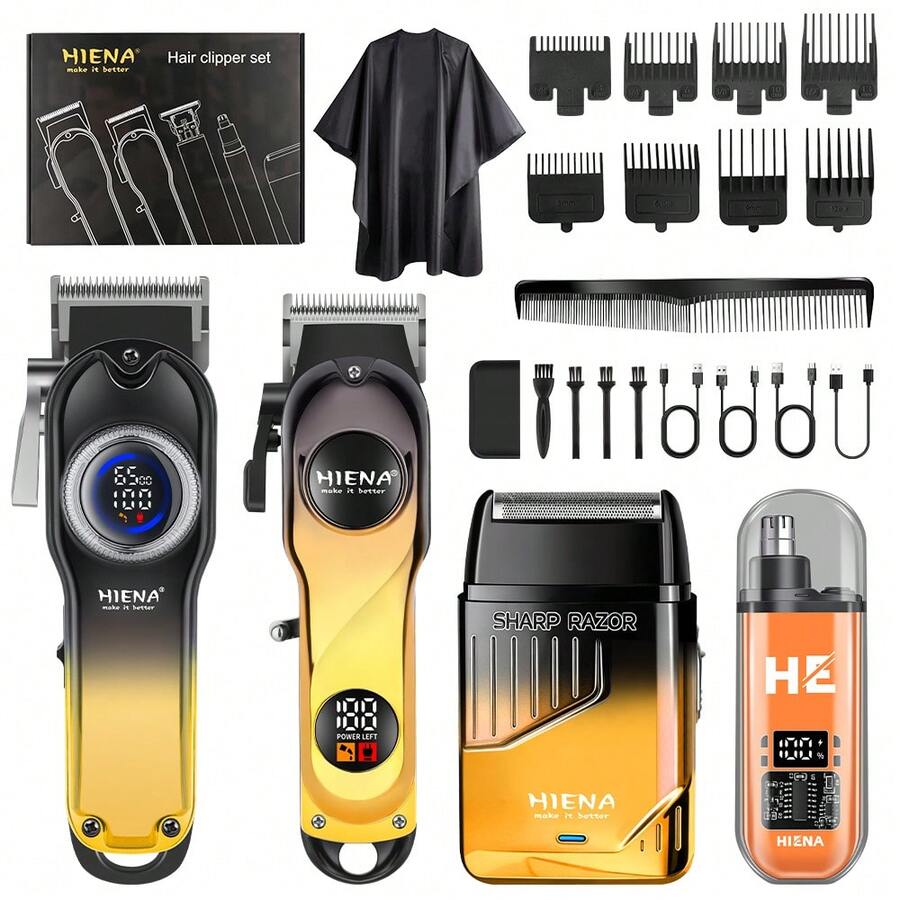 HIENA 4-In-1 Professional Men's Hair Clipper Trimmer Set LCD Digital Display Wireless Hair Clipper Trimmer Shaver Nose Hair Trimmer Men's Grooming Tool Gift Set - View 1