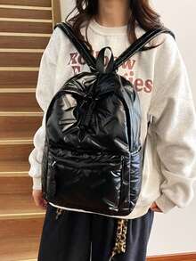 Women Solid Quilted Puffer Backpack Casual Daypack With Braided Drawstring For School Travel Daily Use - Black - View 2