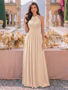 MIUSOL Sequin Floral Lace Halter Neck Sleeveless Ruched Chiffon Formal Party Long Dress, Formal Evening Gown, Suitable For Wedding Guest, Graduation Ceremony, Dinner - Champagne - View 3