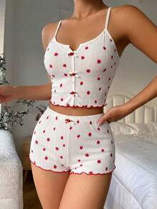 Conjunto de pijama de camisola & shorts con estampado de fresas para mujer, diseño de tirantes cruzados en la espalda, lindo & sexy - Blanco - Ver 5