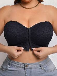 Women's Plus Size Floral Lace Front Closure Strapless Bra, Comfortable And Breathable, Push-Up Side Support, Multi-Row Hook And Eye, Detachable Transparent Straps - Black - View 7