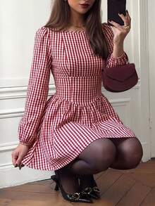 Vintage Style Backless Bow Plaid Dress - Red - View 6