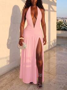 Sexy Halter Neck Tie Deep V-Neck High Slit Patchwork Pleated Backless Knit Dress - Pink - View 2