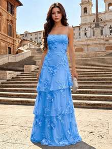 Women's Solid Color Spaghetti Strap Back Tie Embroidered Multi-Layer Long Dress, Perfect For Birthday Parties, Proms And Formal Dinners - Blue - View 3