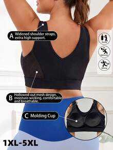 Women Plus Size Sports Bra Fixed Molded Cups High Support Wide Straps V-Neck Backless Workout Yoga Tank Top - Black - View 2