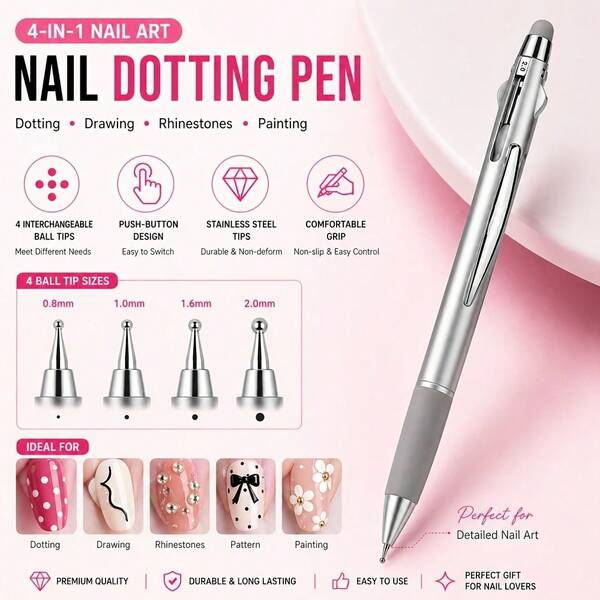 Easy Nail 4-In-1 Press-Type Nail Art Pen - Multi-Head Nail Art Tool For Dotting, Painting, Outlining And Rhinestone Embellishment, Professional Nail Salon Use