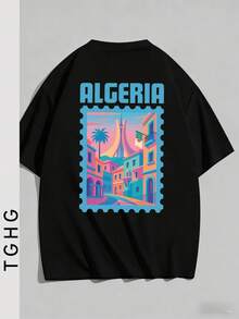 T Summer Men's Fitted T-Shirt, Algeria Vintage Stamp Design With Vibrant Print  Vacation Travel Beach - Black - View 3