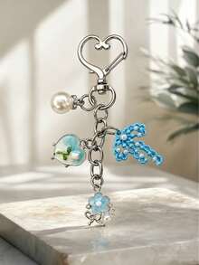 1 pièce/Multi-pièces Porte-clés femme avec pendentif cœur en fausse perle, nœud et petites fleurs peintes incrustées, breloque pour sac à dos et sac - Multicolore - Voir 4