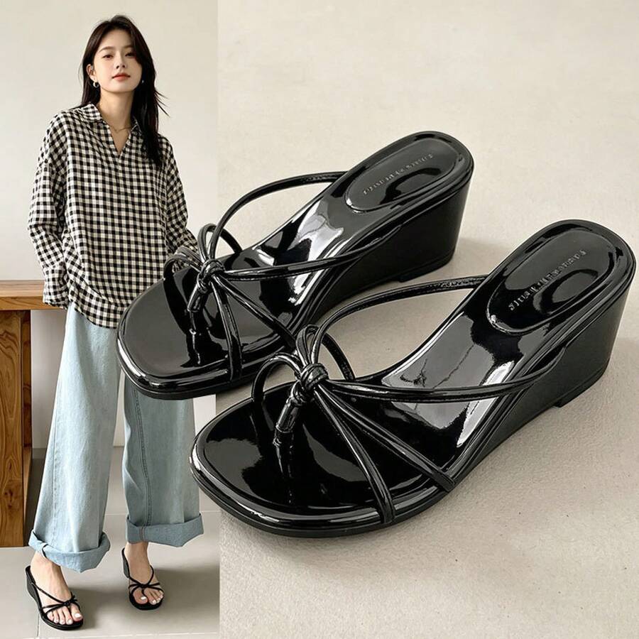 French-Style Thong Wedge Sandals For Women, Summer Outdoor Wear, 2026 New Model, Stunning And Versatile, Thin Strap Beach Thong Sandals - Black - View 1