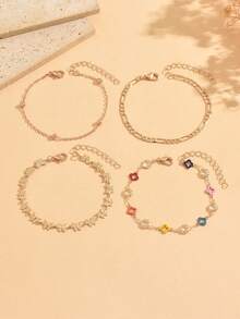 4件組時尚設計彩色四葉草水鑽蝴蝶鏈條手鍊，優雅百搭金色底鏈多層可疊戴女款手飾，適合度假、約會與日常通勤穿搭，四葉草隨機配色 - 彩色 - 查看 2