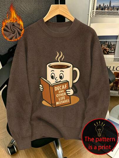 Women's Plus Size Casual Faux Knit Top, Coffee Cup Print, Round Neck, Long Sleeve, American Street Style Autumn/Winter Outdoor Top