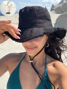 1pc Women's Drawstring Design Bucket Hat, Adjustable Chin Strap, Sun Protection, HyunA Style Tassel Bucket Hat, Suitable For Shopping, Travel, Beach, Vacation, Daily Wear - Multicolor - View 4