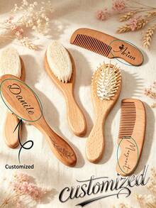 3pcs Customized Text Wooden Baby Hair Brush Gift Set, Personalized Name Baby Brush Comb Bath Gift, Baby Keepsake Gift, Back To School Gift, Multi-Functional - Wood Color - View 1