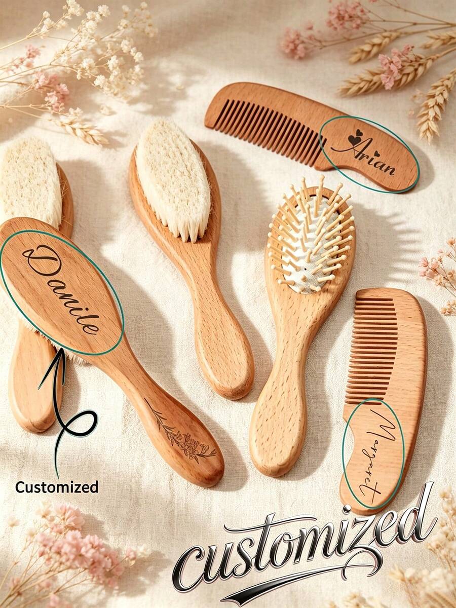 3pcs Customized Text Wooden Baby Hair Brush Gift Set, Personalized Name Baby Brush Comb Bath Gift, Baby Keepsake Gift, Back To School Gift, Multi-Functional - Wood Color - View 1