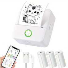 Mini Thermal Label Printer, Includes 3 Rolls Of Paper, Portable Wireless Inkless Printer, Compact Pocket Printer For Printing Images, Photos, Journals, Suitable For Back To School DIY - White - View 2