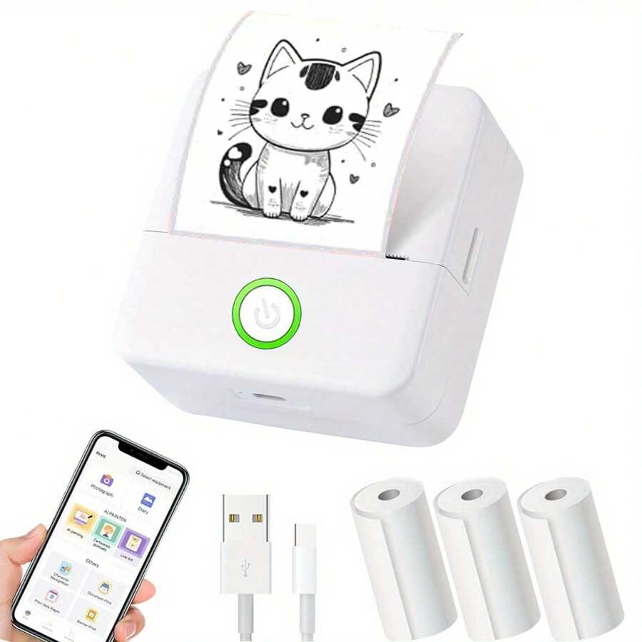 Mini Thermal Label Printer, Includes 3 Rolls Of Paper, Portable Wireless Inkless Printer, Compact Pocket Printer For Printing Images, Photos, Journals, Suitable For Back To School DIY