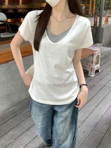 Loose V-Neck Colorblock 2 In 1 Versatile Short Sleeve T-Shirt Top Casual White Summer - White - View 9