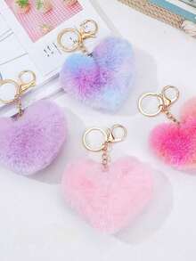 4pcs/1pc Plush Heart-Shaped Pendant, Fluffy Fur Ball Keychain, Cute Multicolor Keychain, Suitable For Backpack, Handbag, Wallet - Multicolor - View 1