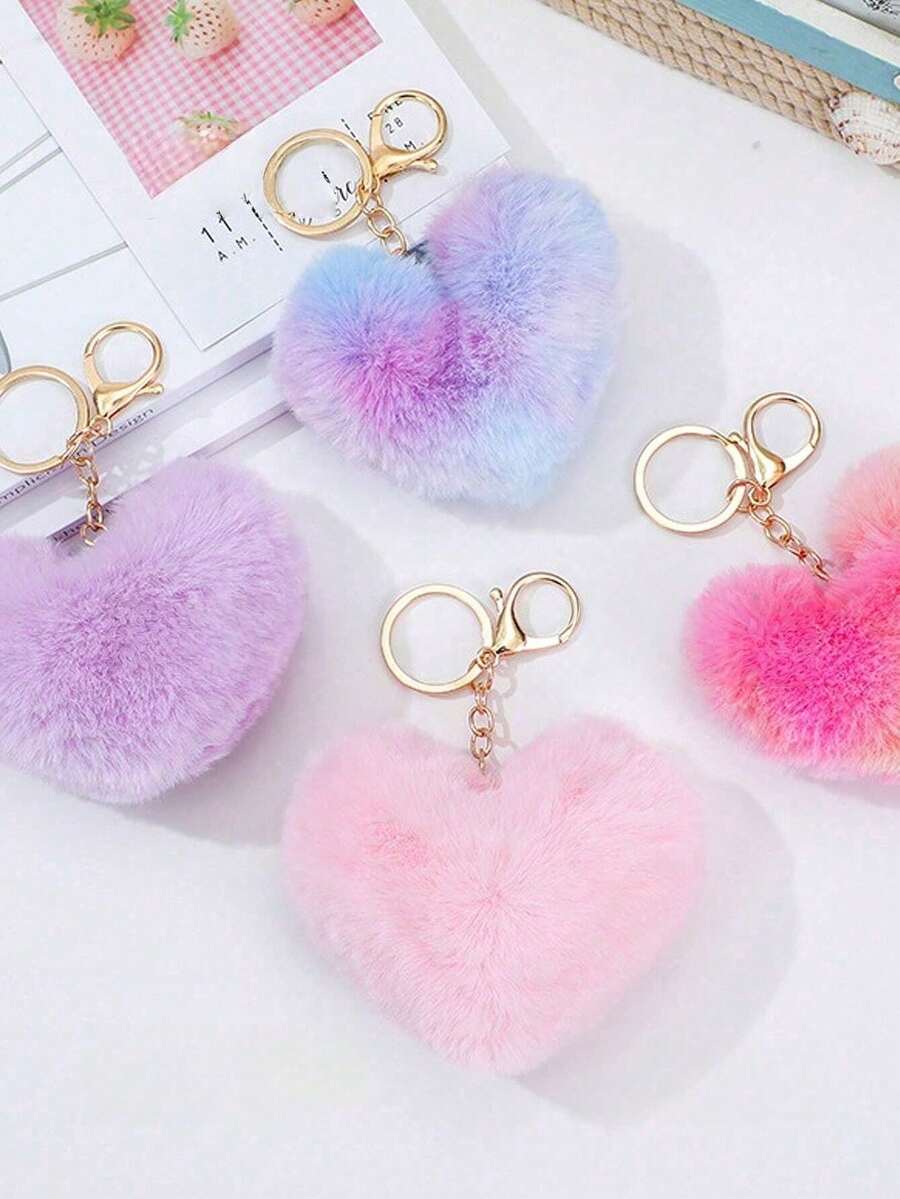 4pcs/1pc Plush Heart-Shaped Pendant, Fluffy Fur Ball Keychain, Cute Multicolor Keychain, Suitable For Backpack, Handbag, Wallet - Multicolor - View 1