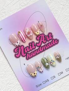 10 piezas de uñas postizas hechas a mano con forma de almendra corta estilo Y2K, color nude transparente con patrones mixtos, lunares, rayas verticales rosas y blancas, rayas azul claro, base verde oliva con estrellas blancas de cinco puntas, flores rosas 3D con accesorios de cuentas doradas, strass de colores, estilo vintage lindo de verano, adecuadas para mujeres y niñas, fiesta, baile, uso diario, incluye set de herramientas, uñas postizas hechas a mano - Multicolor - Ver 3