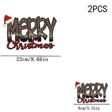 1/2/3件可水洗熱轉印貼紙，豹紋亮片 MERRY 搭配聖誕帽，紅色草寫聖誕文字，適用於T恤、包包、枕頭 - 多色 - 查看 8