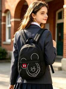 Disney 1pc Mickey Mouse Line Print Backpack, Black Nylon School Daypack With Square Tag, Multi-Pocket Casual Rucksack, Lightweight Bookbag, Suitable For Girls/Students/Teenagers/Young People/Fans, Ideal For Back To School/Daily Outings/Shopping! - Black Line Mouse Backpack - View 5