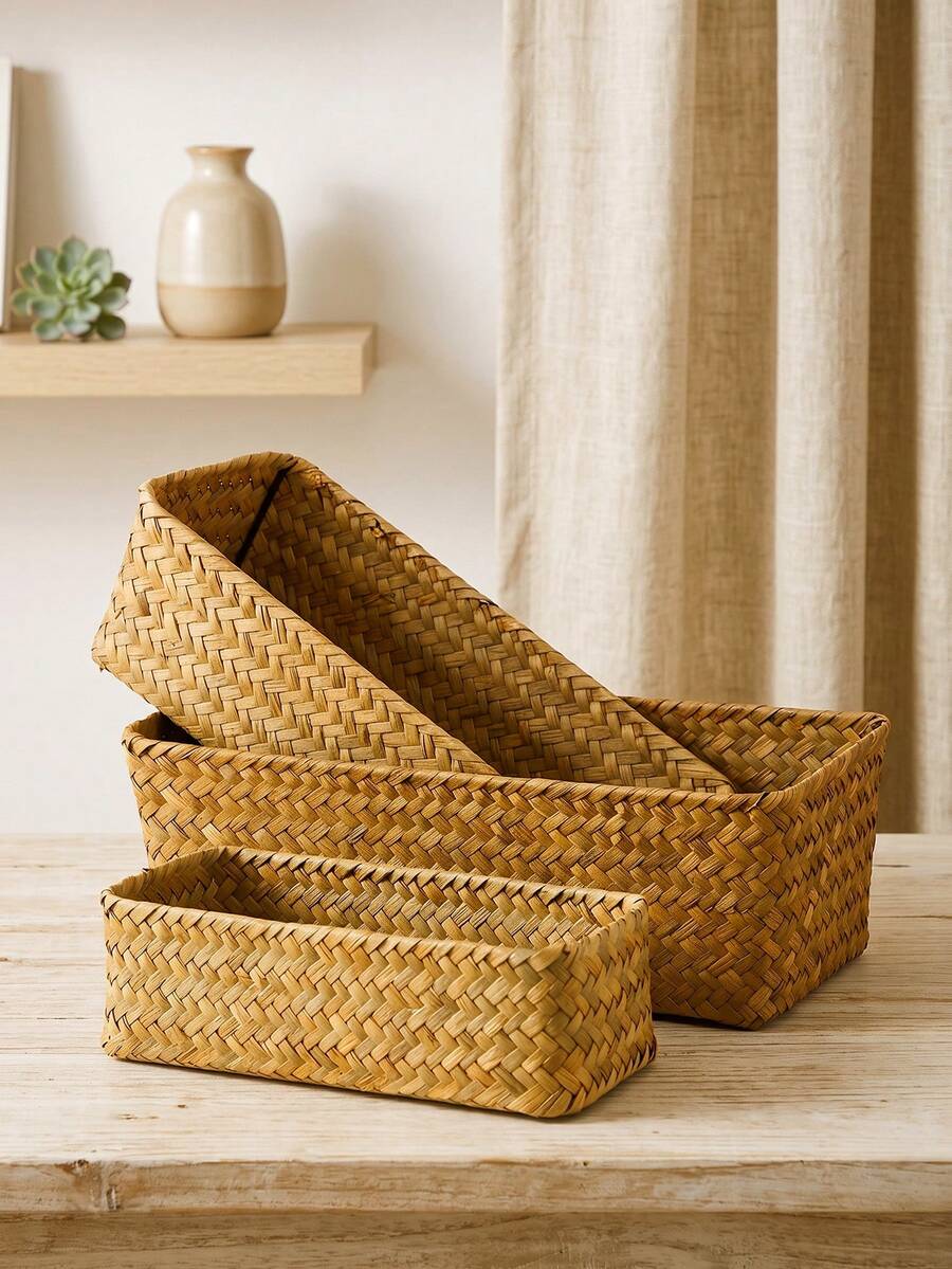 1pc/2pcs/3pcs Handmade Seagrass Woven Storage Baskets, Multipurpose Organizer Bins For Cosmetics, Bathroom Sundries, Drawers & Table, Rustic Decor Storage Trays For Fruits, Snacks & Home Decor, Fit Bedroom, Kitchen, Living Room, Bathroom & Office - Khaki - View 1