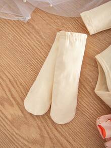 2pcs Baby Girl Cute Long Sleeve Bodysuit, Shorts, Socks And Headband Set, Thin Spring/Autumn - Apricot - View 8