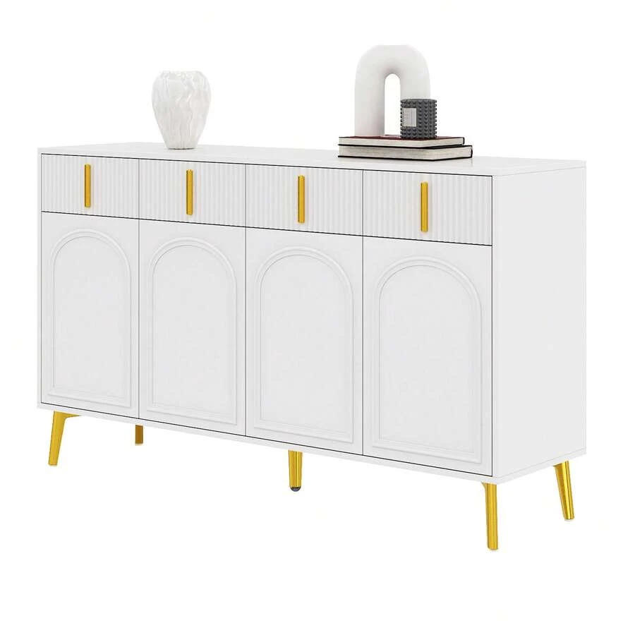 White Sideboard With Golden Handles And Legs, 4 Drawers, 4 Doors - Suitable For Living Room/Dining - 白色 - 查看 1