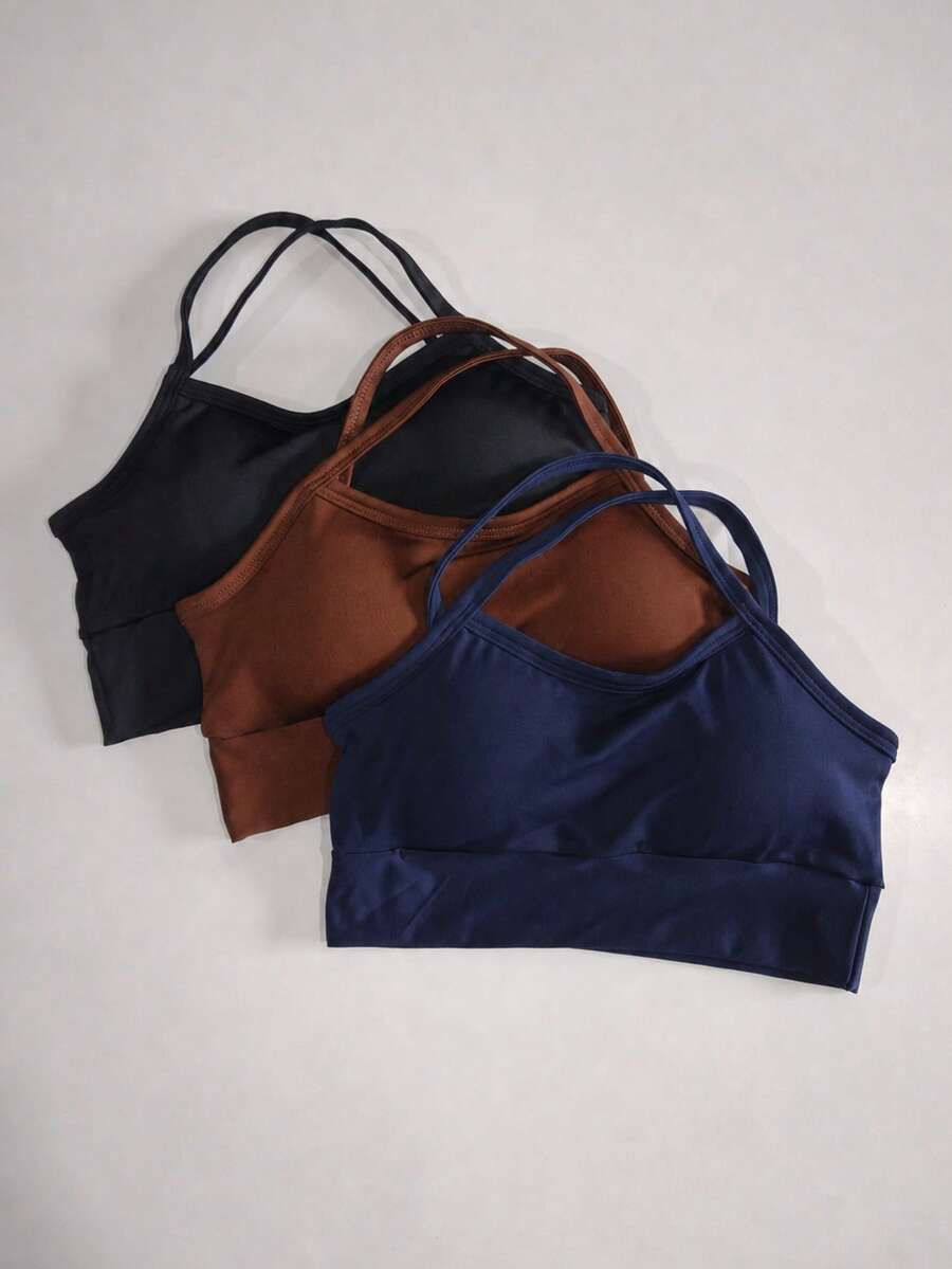 KIT 3 Croppeds Academia De Alcinha Em X Tops Zero Transparência Com Bojo Removível Preto Marrom Azul Marinho Escuro - 黑色,藏青色和棕色 - 查看 1