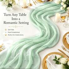 Premium Hand-Stitched Pearl Mesh Table Runner Mint Green Sheer Tulle Tablecloth Overlay For Outdoor Wedding Baby Shower Birthday Tea Party Home Decor - Mint Green - View 4
