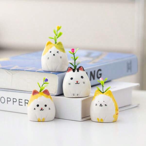 Cute Mini Ceramic Cat Figurine Dried Flower Holder, Small Flower Vase For Study, Living Room, Office Desk Decor, Craft Ornament