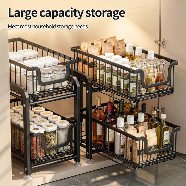 1pc Double Layer Black/White Kitchen Storage Rack, Under Sink Organizer, Multi-Compartment Drawer Storage Shelf, Suitable For Kitchen, Bathroom, Cabinet And More