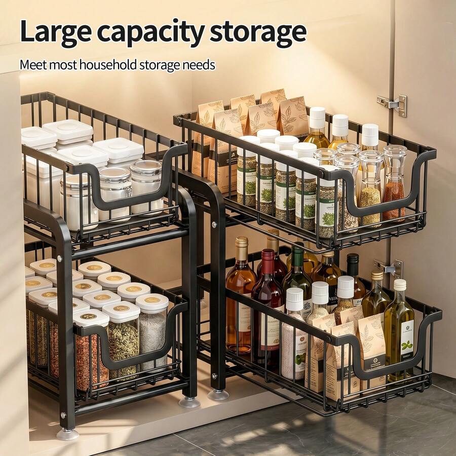 1pc Double Layer Black/White Kitchen Storage Rack, Under Sink Organizer, Multi-Compartment Drawer Storage Shelf, Suitable For Kitchen, Bathroom, Cabinet And More - View 1