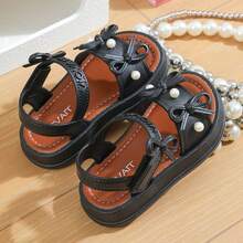Lugualt Girls' Fashion Sunny Sandals, Korean Style Bowknot Hook & Loop, Lightweight Non-Slip Soft Sole Princess Sandals For Daily Wear And Outings - Black - View 4