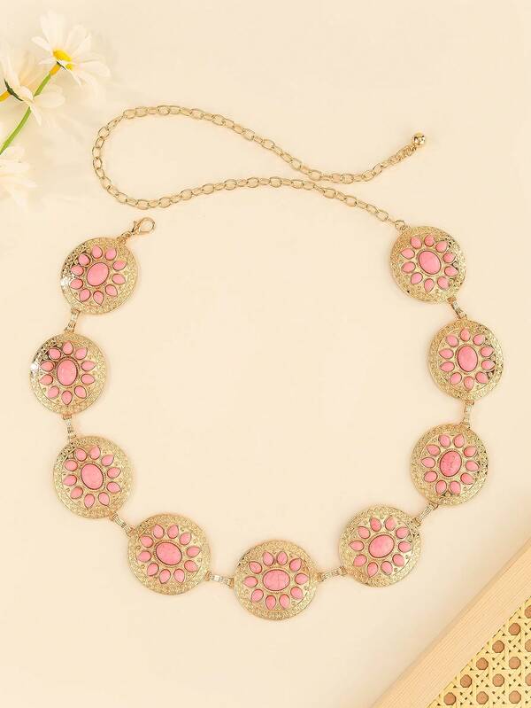 Cadena de cintura larga de piedra rosa con peso ajustable e hipoalergénica, adecuada para vestidos rosas florales y camisas de vacaciones