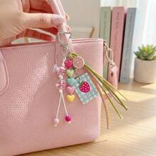 Cute Strawberry Bag Charm Keychain, Colorful Heart Beaded Tassel Pendant, Kawaii Candy Purse Charm, Backpack Accessory, Gift For Women Girls - Multicolor - View 1
