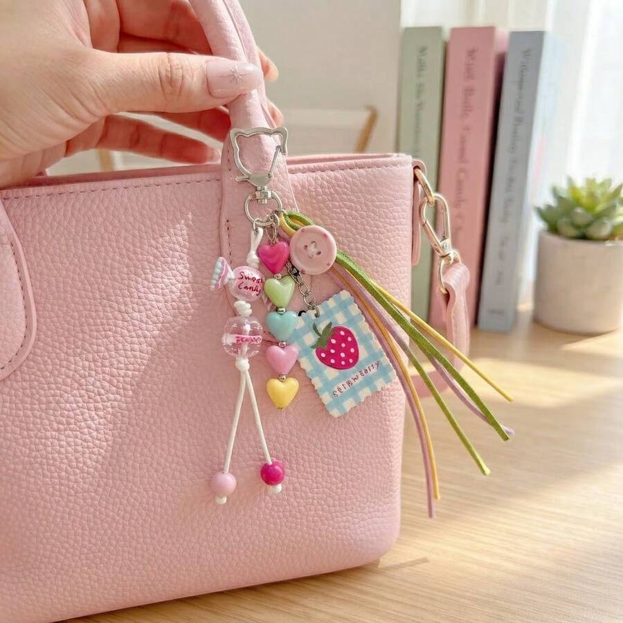 Cute Strawberry Bag Charm Keychain, Colorful Heart Beaded Tassel Pendant, Kawaii Candy Purse Charm, Backpack Accessory, Gift For Women Girls - Multicolor - View 1