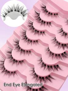 Sibeuna 7 Pairs Fox Eye False Eyelashes, Natural Style, Transparent Band, Cross Design, Soft Faux Mink Hair, Elongated Tail, Reusable, Suitable For Daily Eye Makeup, Beginner Friendly - Black - View 2