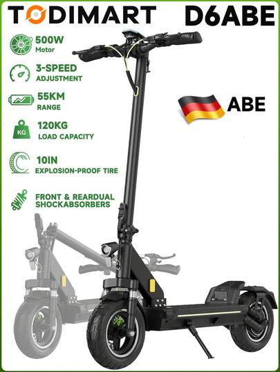 Todimart D6 Elektroroller für Erwachsene, 500W Motor,48V13Ah Batterie,Lange Fahrdauer von 50 km, 10" Offroad Reifen, Klappbarer,Schockdämpfer, ideal für den Stadtverkehr