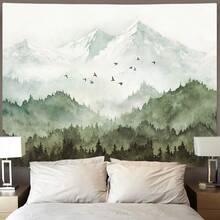 1件寧靜山林掛毯－霧綠樹林風景水彩藝術，含雪山與飛鳥，聚酯纖維壁掛，適合安靜臥室與客廳裝飾，臥室牆面裝飾 | 寧靜設計 | 聚酯纖維布料，風景裝飾掛毯 - 彩色 - 查看 9